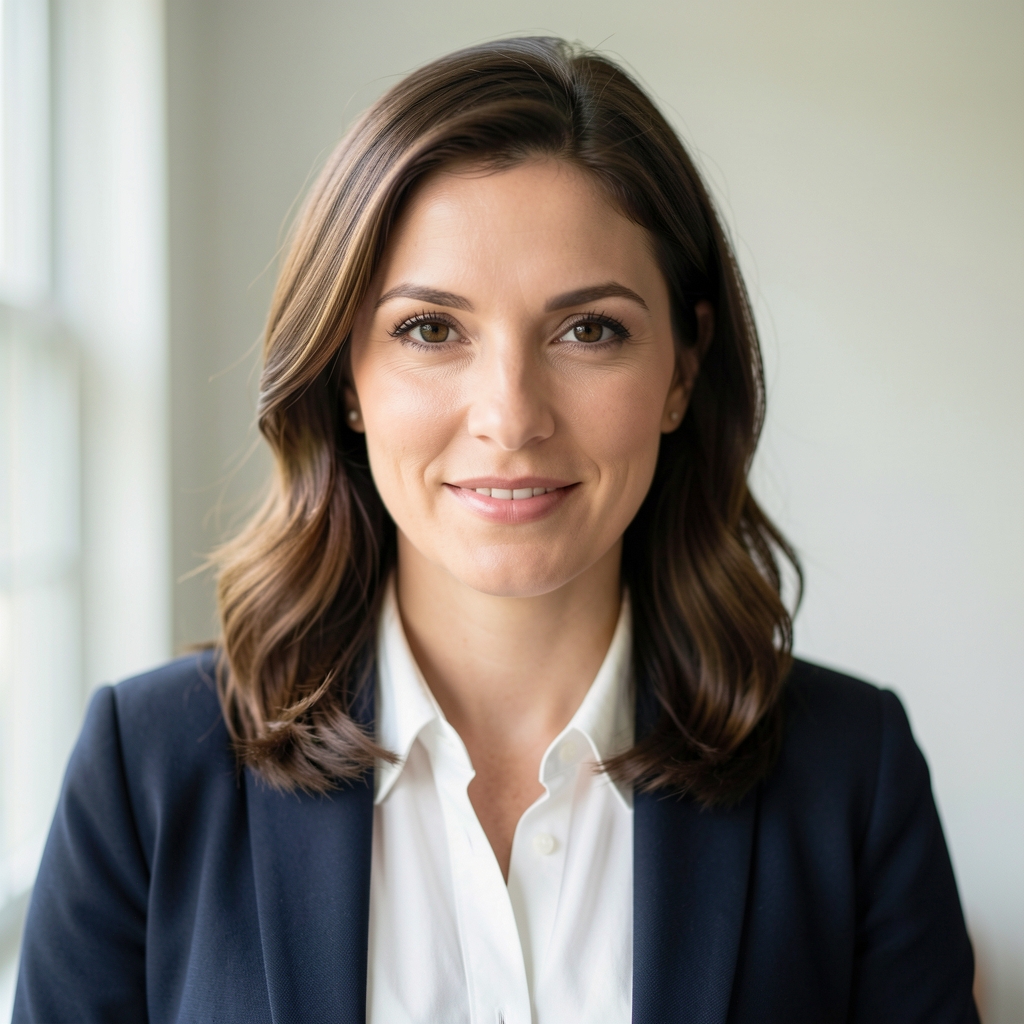 Editorial portrait of a nutrition writer, soft natural window light, pale background