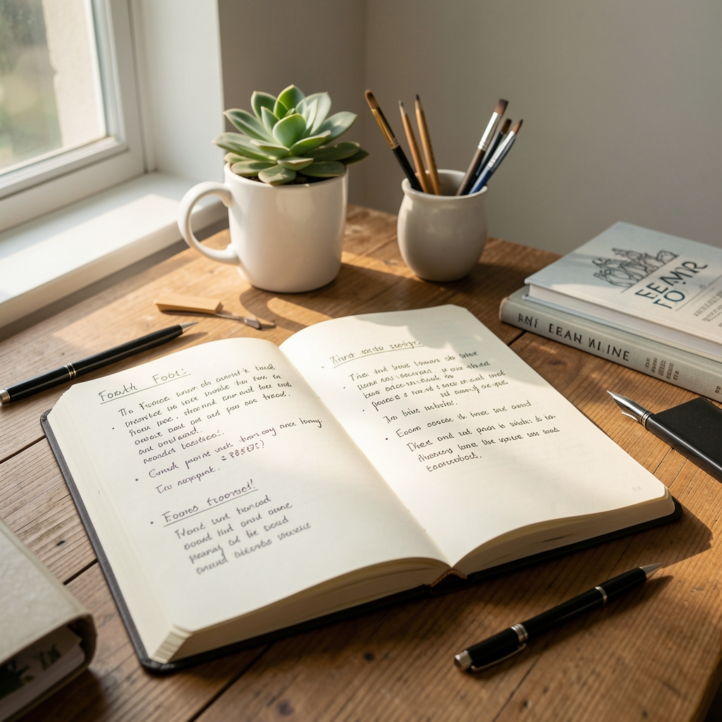 Editorial workspace with open notebook, scattered papers and a cup of coffee on a wooden desk in natural daylight
