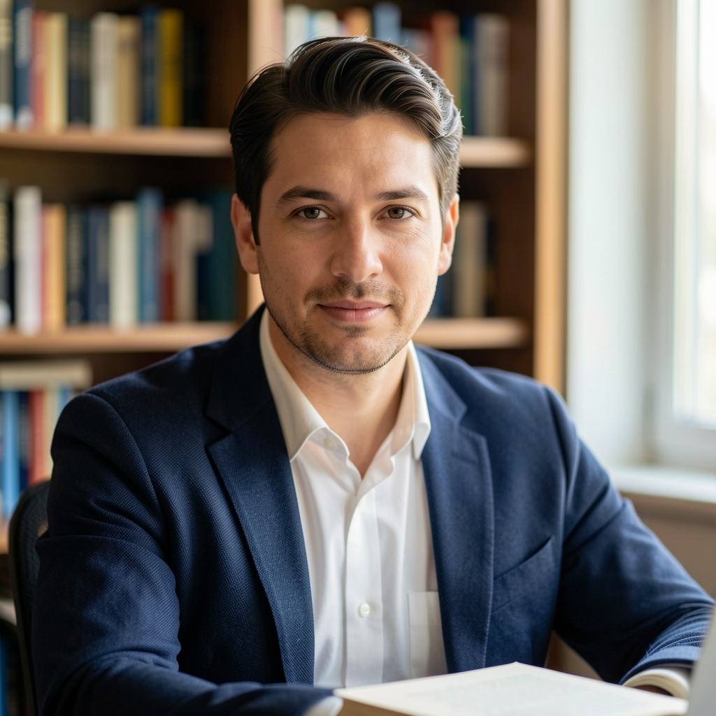 Portrait of a writer at a desk, shelves of books visible in background, natural side light