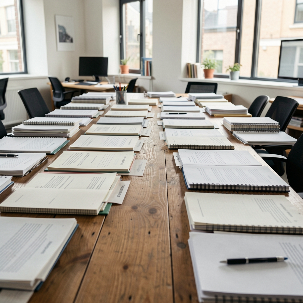 Long view of an editorial workspace, rows of notebooks and printed research materials on a wooden table, natural light
