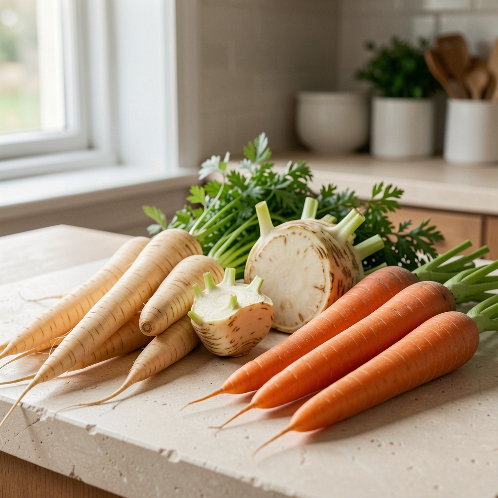 Root vegetables including parsnips, celeriac and chantenay carrots arranged on a pale stone kitchen surface, natural morning light