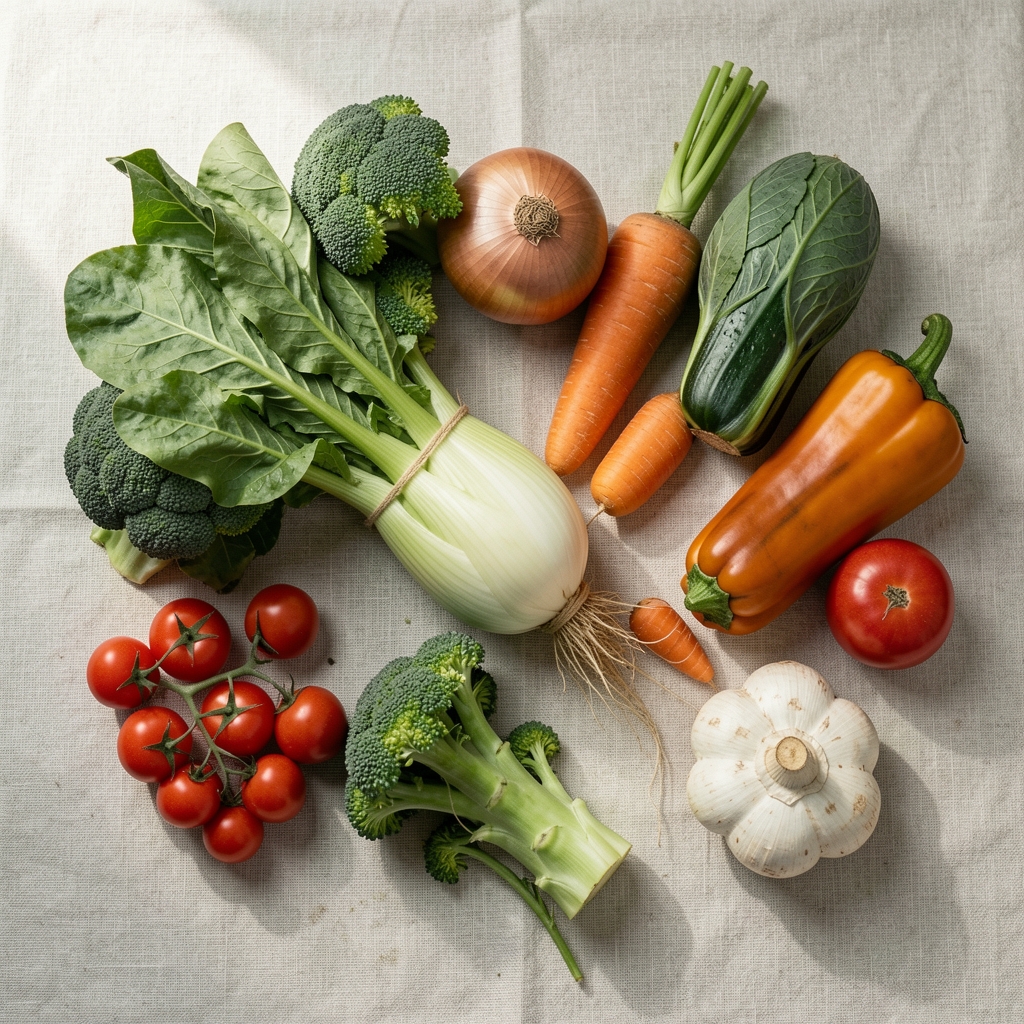 Seasonal vegetables arranged on a pale linen surface in natural daylight, editorial flat lay composition