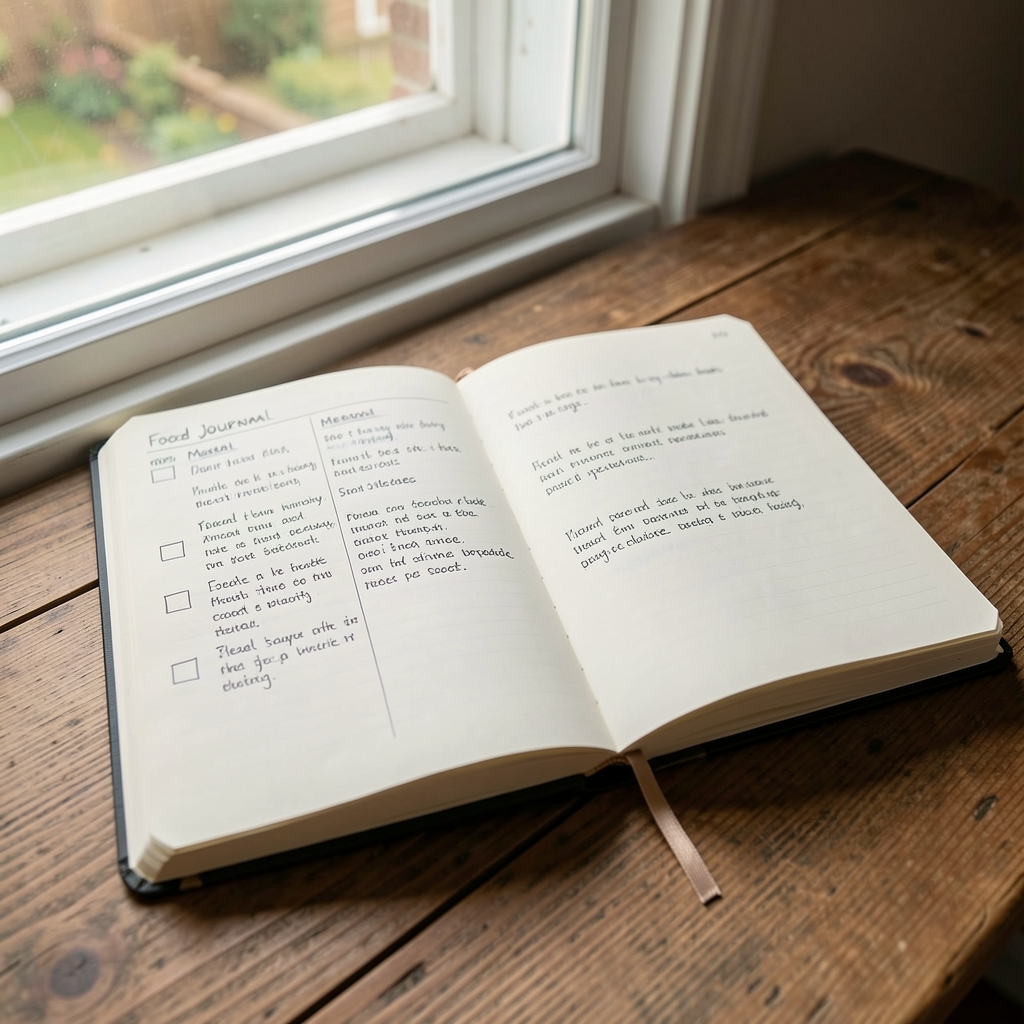 Open food journal notebook with handwritten meal log entries on a wooden surface, natural morning light coming through a window
