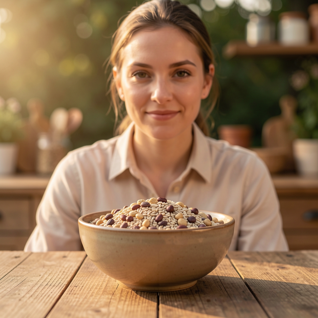 Bowl of whole grains and legumes on a wooden kitchen table, warm morning light, portrait composition