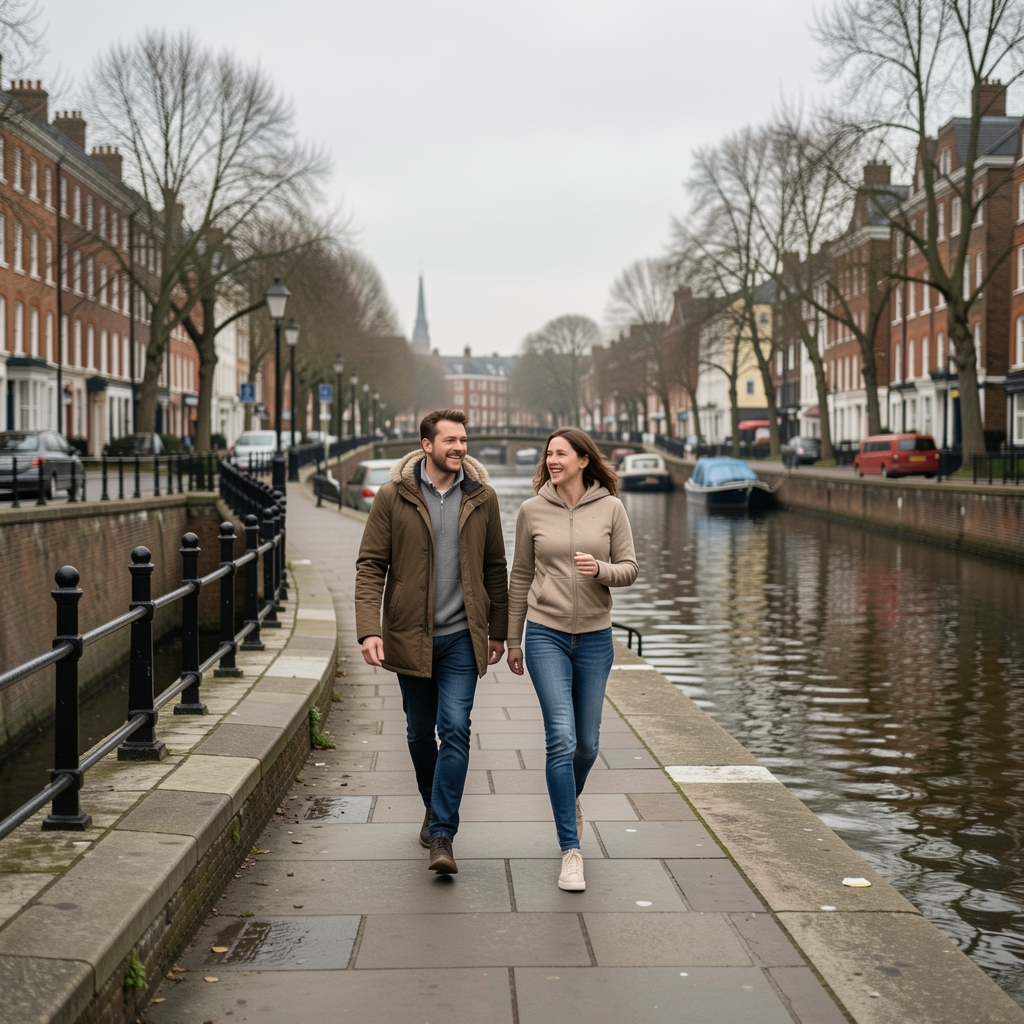 Active morning walk along a London canal towpath, overcast early spring morning light, motion blur on background, documentary style
