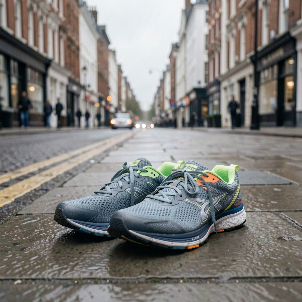 Running shoes placed neatly on a pavement, overcast London morning, documentary street-level photography