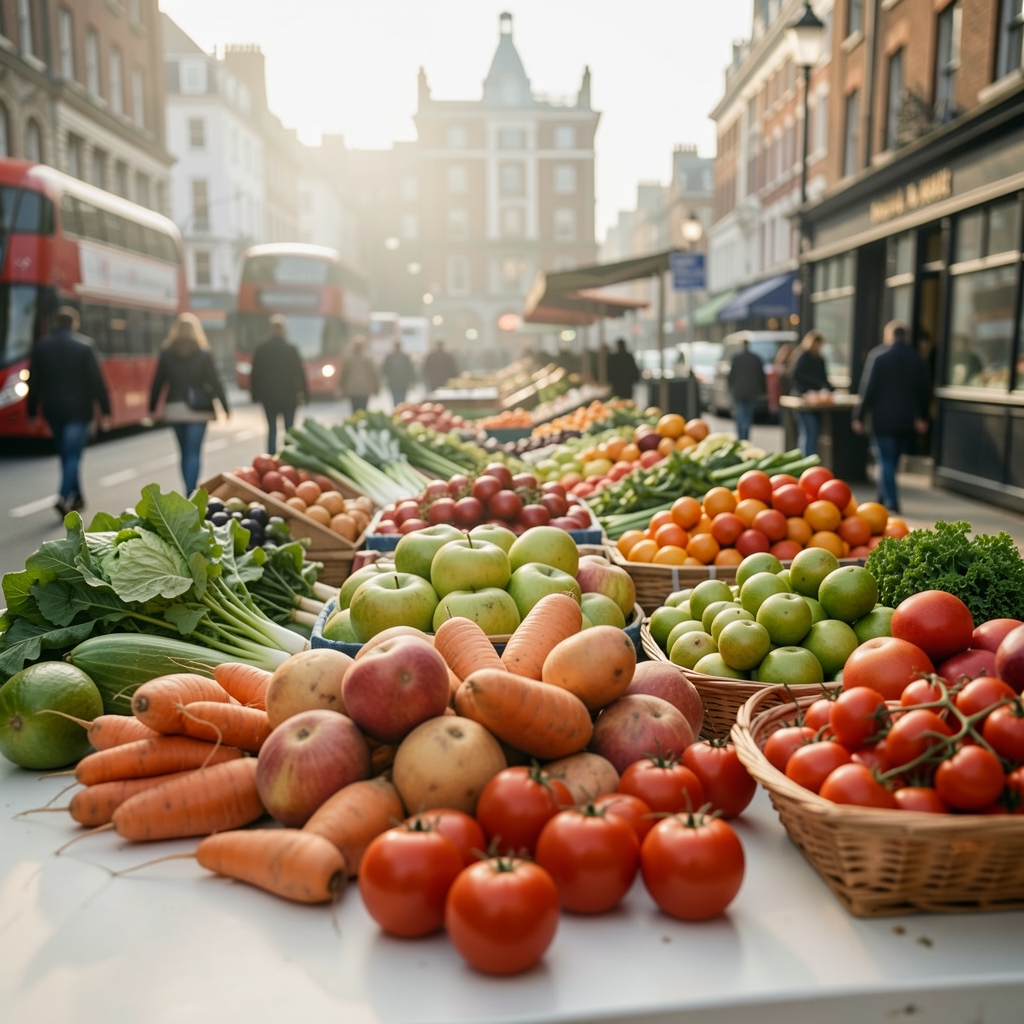 Market produce displayed on a pale surface, early morning London light, editorial composition