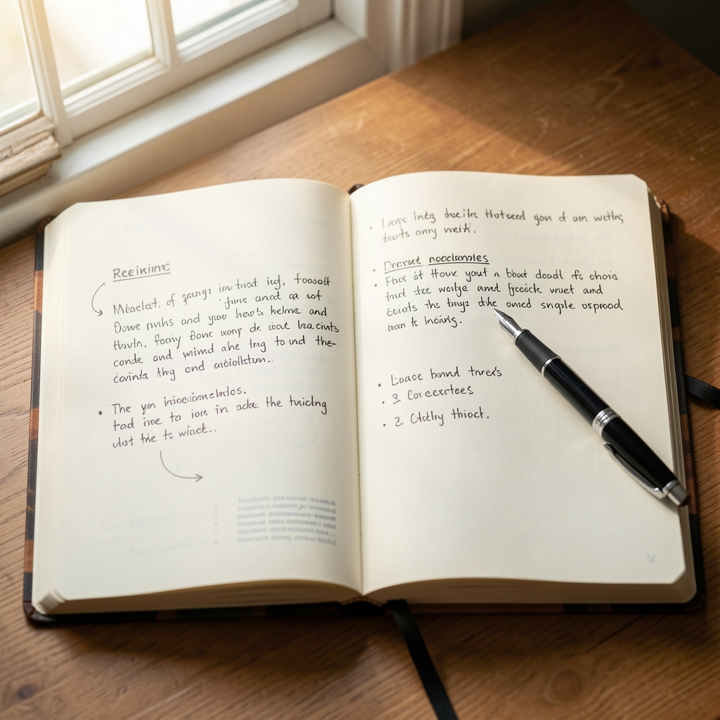 Open editorial notebook with handwritten review annotations, pen resting on page, morning window light